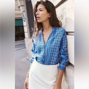 Zara Wood Button Embroidered Blouse